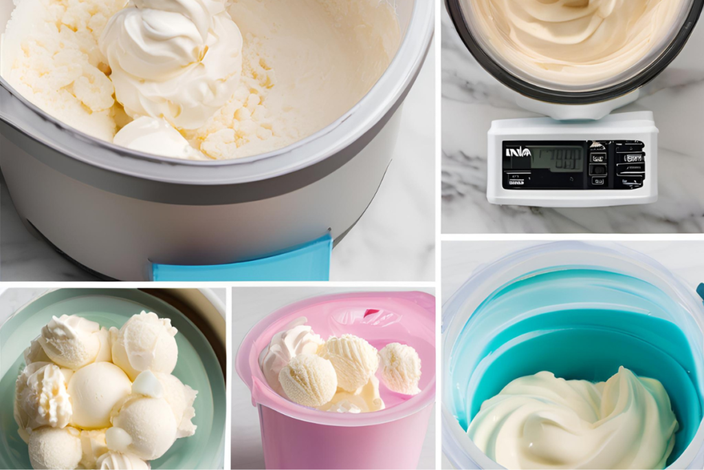 Ninja Creami process displayed step-by-step, from frozen base to creamy ice cream, showcasing its efficiency and texture results.