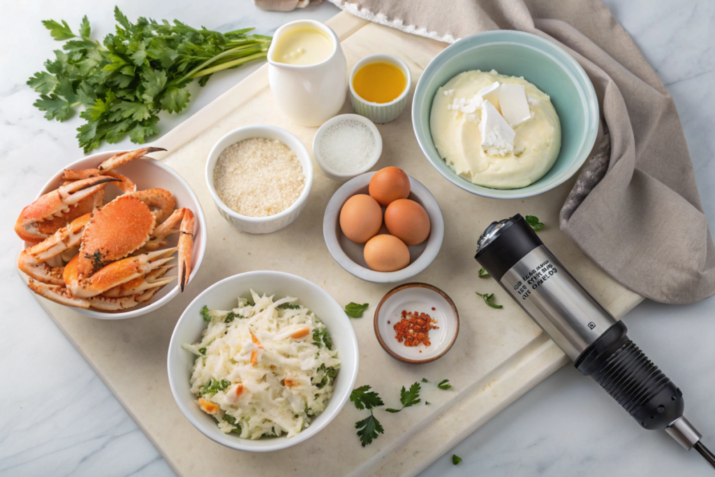 Fresh crab meat, eggs, and cream arranged on a kitchen countertop with ramekins and a culinary torch for making Crab Brulee.
