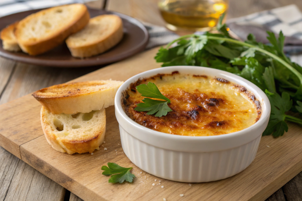 Golden caramelized Crab Brulee garnished with parsley, served in a ramekin with crostini on a wooden table.