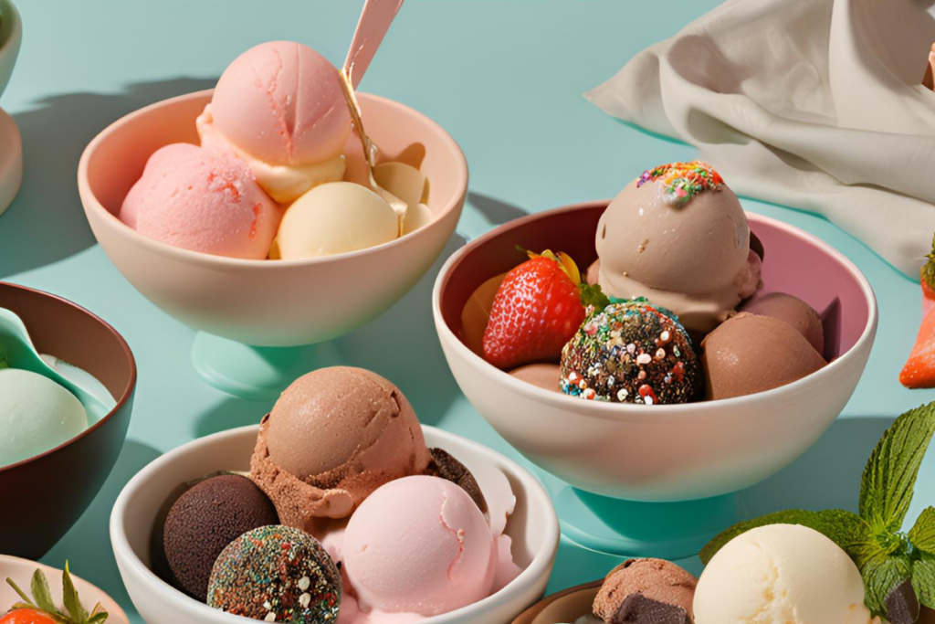 A Ninja Creami machine placed on a bright kitchen countertop surrounded by colorful bowls of ice cream, sorbet, and gelato. The frozen treats are garnished with fresh fruits, nuts, sprinkles, and caramel drizzle, creating a vibrant and inviting dessert display.