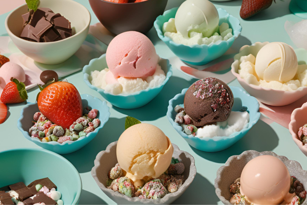 An assortment of frozen desserts, including rainbow sherbet, chocolate gelato, and mango sorbet, elegantly arranged on a wooden tray. The treats are decorated with toppings like crushed cookies, berries, and mint leaves