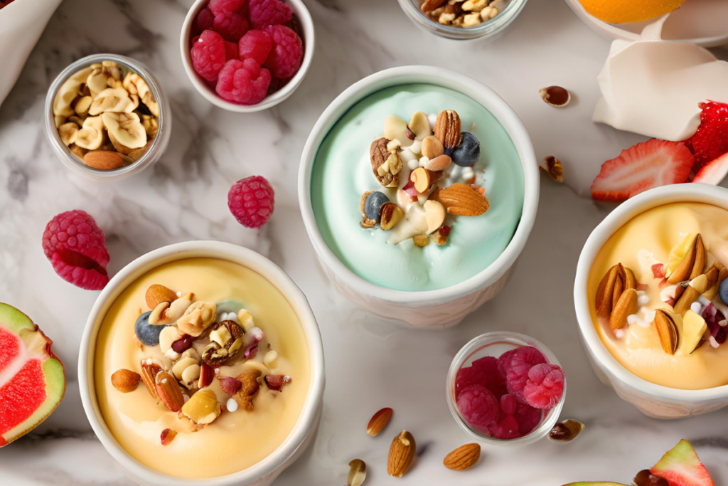 A Ninja Creami appliance on a kitchen counter surrounded by fresh fruits, nuts, and yogurt, with colorful bowls of ice cream and sorbet, showcasing its versatility