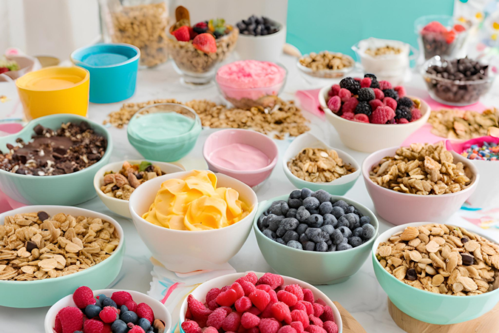 A DIY dessert bar featuring the Ninja Creami, surrounded by bowls of toppings like berries, chocolate chips, and granola, alongside vibrant frozen treats