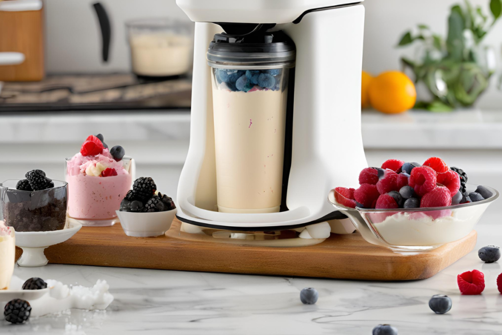 Ninja Creami on a kitchen countertop with fresh ingredients and a bowl of creamy ice cream, highlighting its ice cream-making capabilities