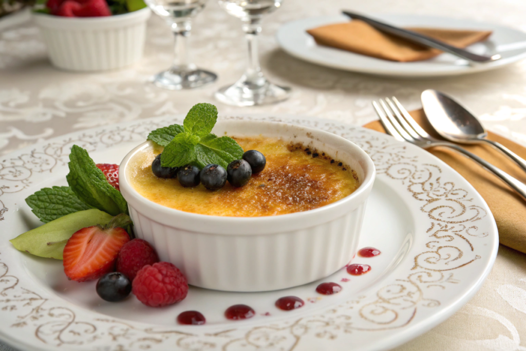 A close-up of crème brûlée in a ramekin, featuring a golden caramelized top, garnished with mint and berries, on an elegant dining table.