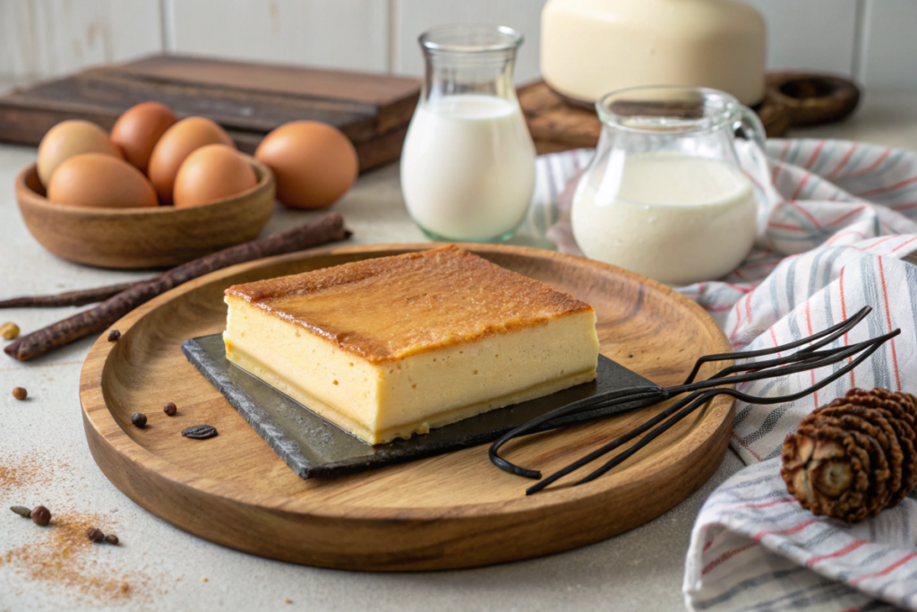 A slice of baked custard on a rustic plate, surrounded by fresh ingredients like eggs, milk, vanilla pods, and a whisk.