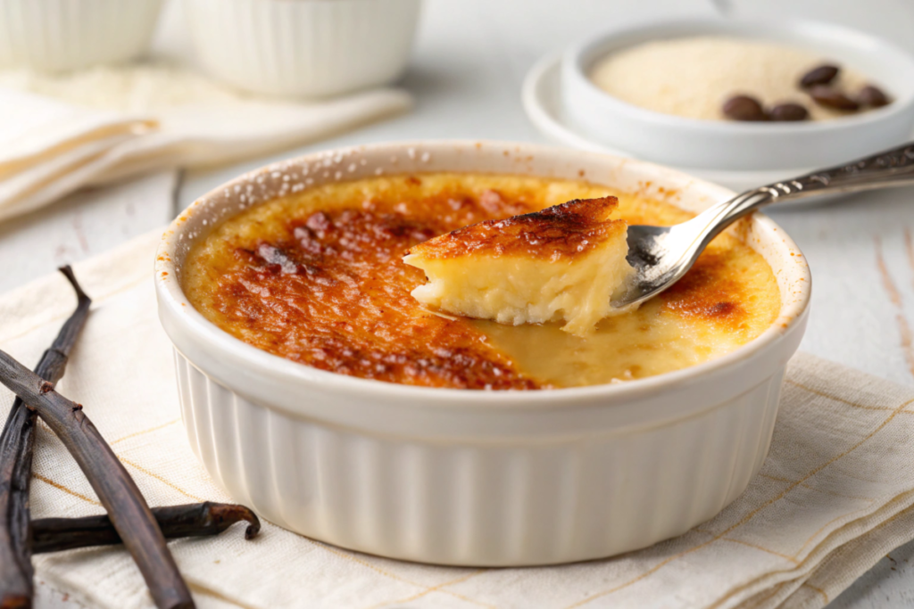 Close-up of a crème brûlée with a caramelized crust cracked open, revealing creamy custard, placed in a white ramekin.