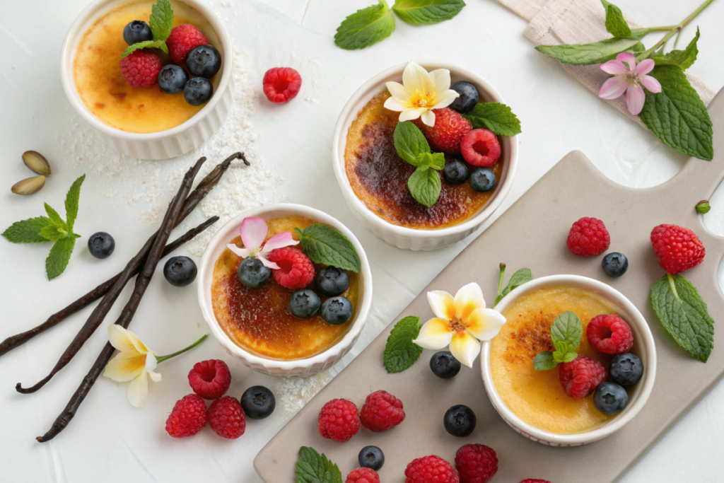 Flat lay of crème brûlée ramekins on a dessert table, garnished with berries and mint, surrounded by vanilla pods and a kitchen torch.