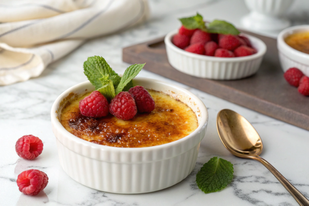 A classic crème brûlée with a golden caramelized sugar topping, garnished with raspberries and mint, served in a white ramekin.