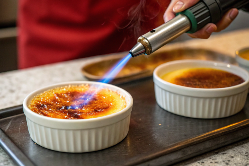 A close-up of caramelizing sugar on crème brûlée using a blowtorch, showing the formation of a golden crust.