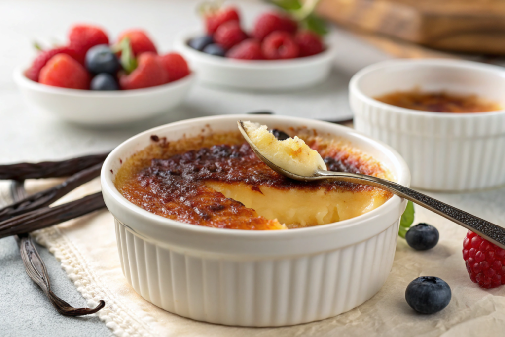 Close-up of classic crème brûlée with a caramelized sugar crust being cracked by a spoon, revealing creamy custard, garnished with fresh berries