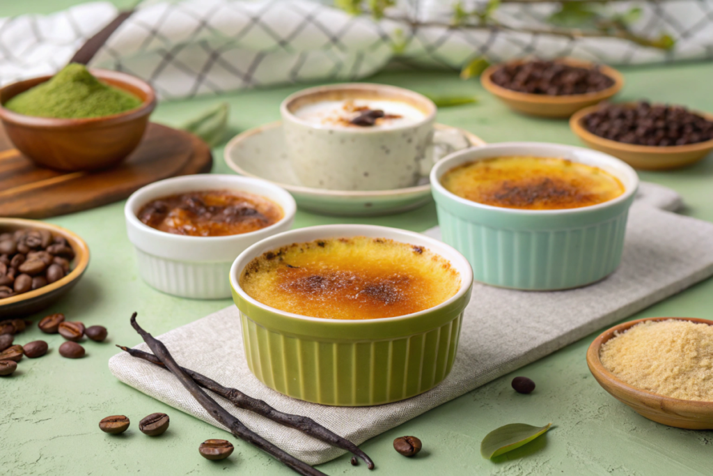 Assorted crème brûlée variations with caramelized sugar crusts, including matcha, coffee, and vanilla, displayed with elegant tableware and natural ingredients