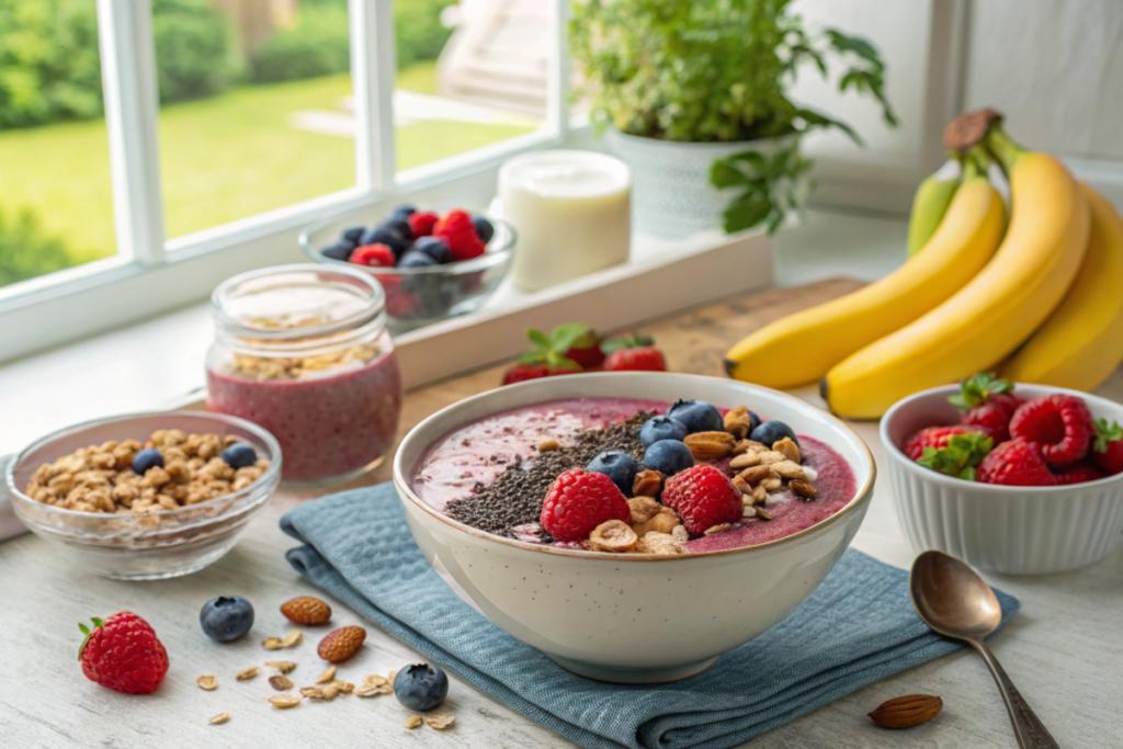  A colorful protein smoothie bowl topped with fresh berries, chia seeds, and nuts on a well-lit breakfast table.