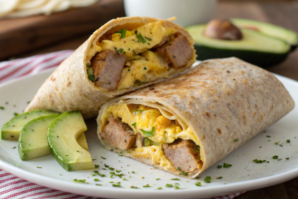 A savory breakfast burrito filled with scrambled eggs, turkey sausage, and melted cheese, served with fresh avocado slices.