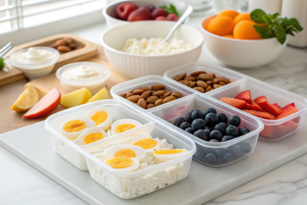 A meal prep setup with containers of cottage cheese, almonds, boiled eggs, and fresh fruits, ideal for high-protein breakfasts.