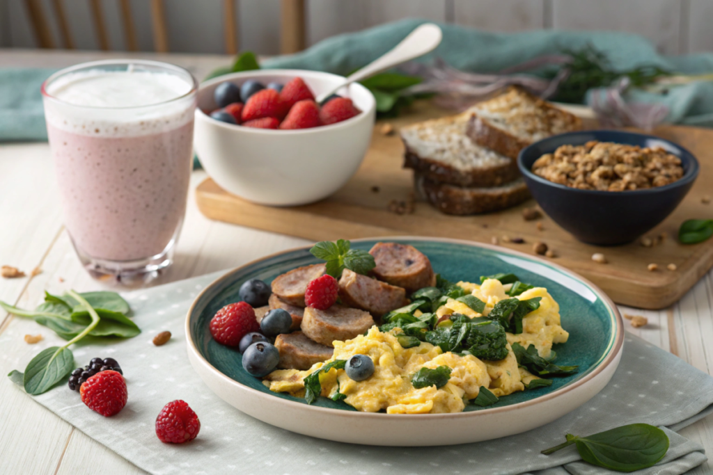 A high-protein breakfast with scrambled eggs, turkey sausage, Greek yogurt with granola and berries, and a smoothie on a breakfast table.