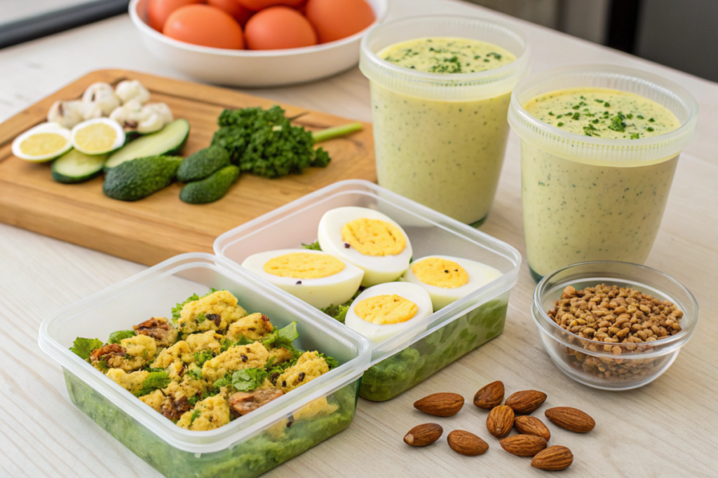  A meal prep setup featuring containers of boiled eggs, protein smoothies, and tofu scramble, surrounded by fresh ingredients on a countertop.