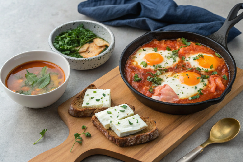 A global breakfast spread including shakshuka, miso soup with tofu, and rye bread topped with smoked salmon and cottage cheese.