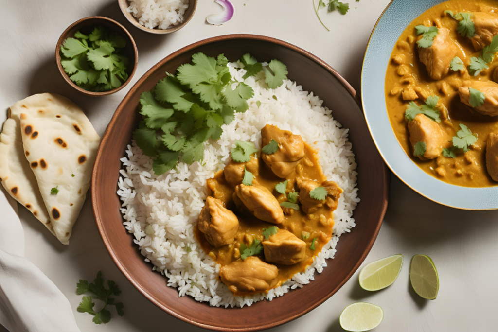 Homemade chicken curry served with fluffy basmati rice and naan bread