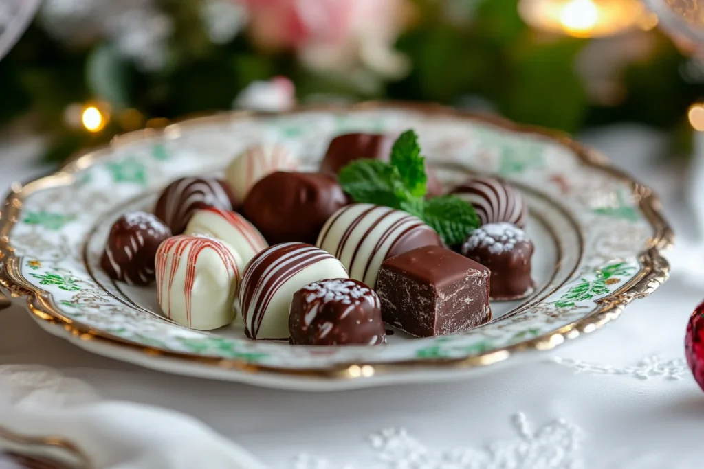 An assortment of traditional after dinner mints on a decorative plate