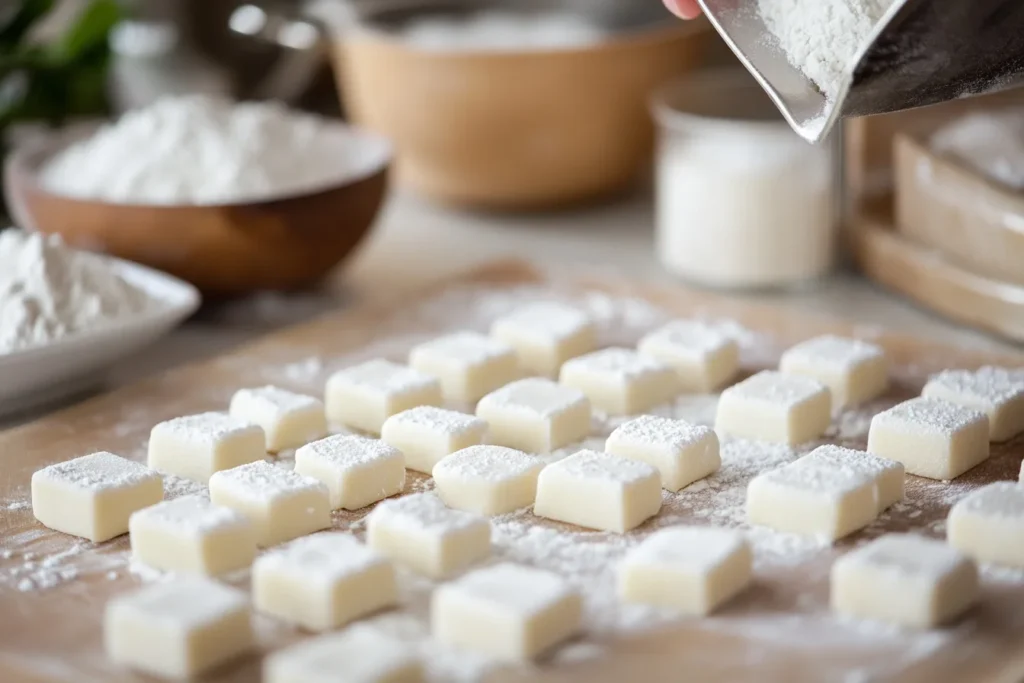 Rolling and shaping dough for homemade after dinner mints, with tools and ingredients on a kitchen countertop.