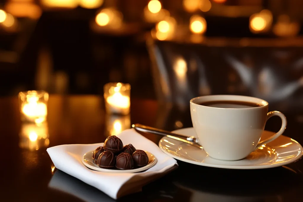 An upscale dining table featuring after dinner mints served with coffee.