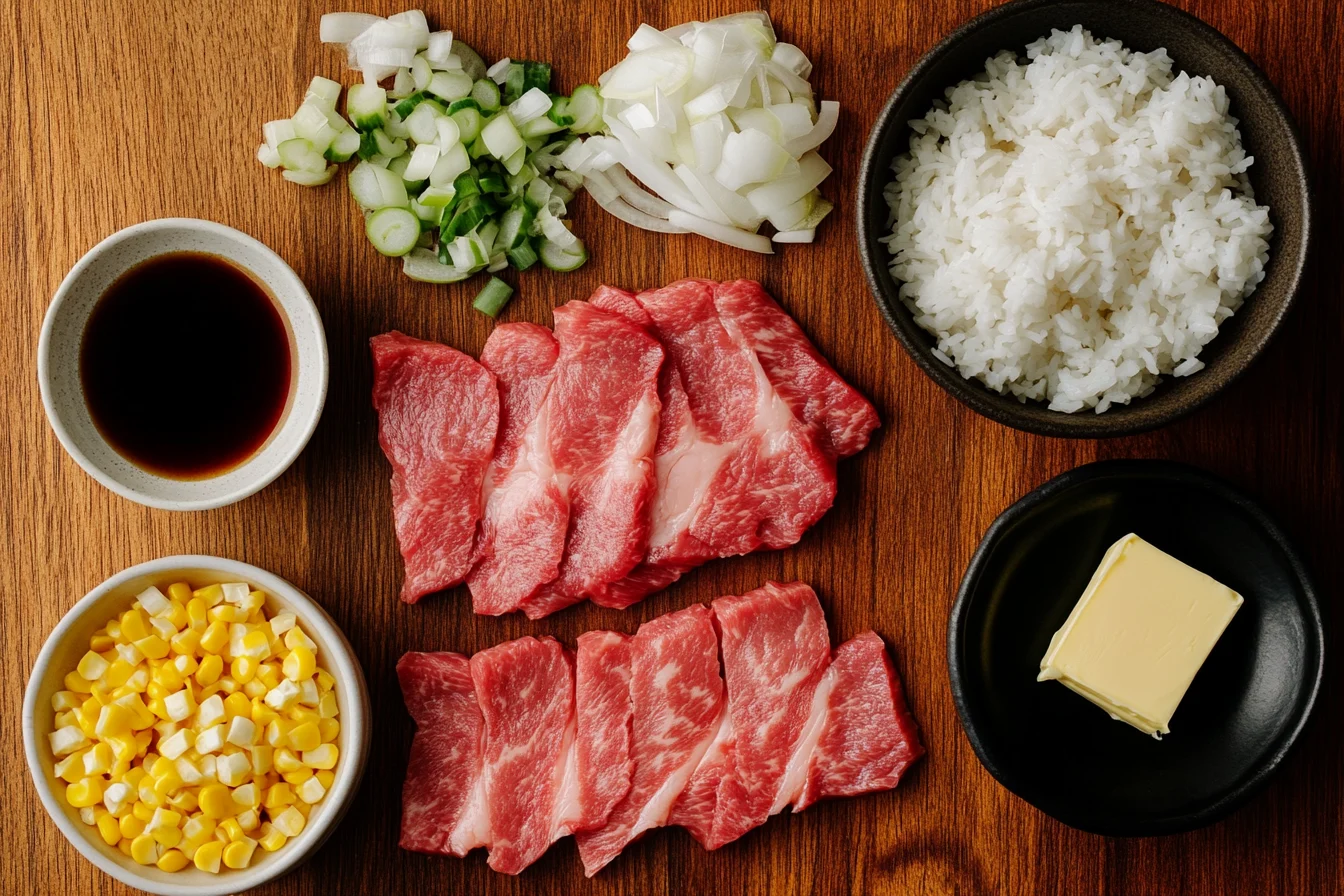 Key ingredients for a pepper lunch recipe, including thinly sliced beef, short-grain rice, corn kernels, chopped onions, soy sauce, and butter, neatly arranged on a wooden kitchen counter