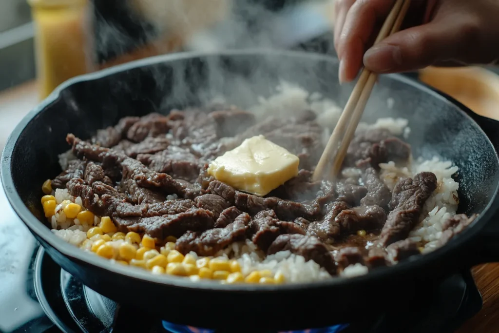 A cast-iron skillet sizzling with beef slices, rice, corn, and butter, with steam rising and a hand mixing the ingredients using chopsticks