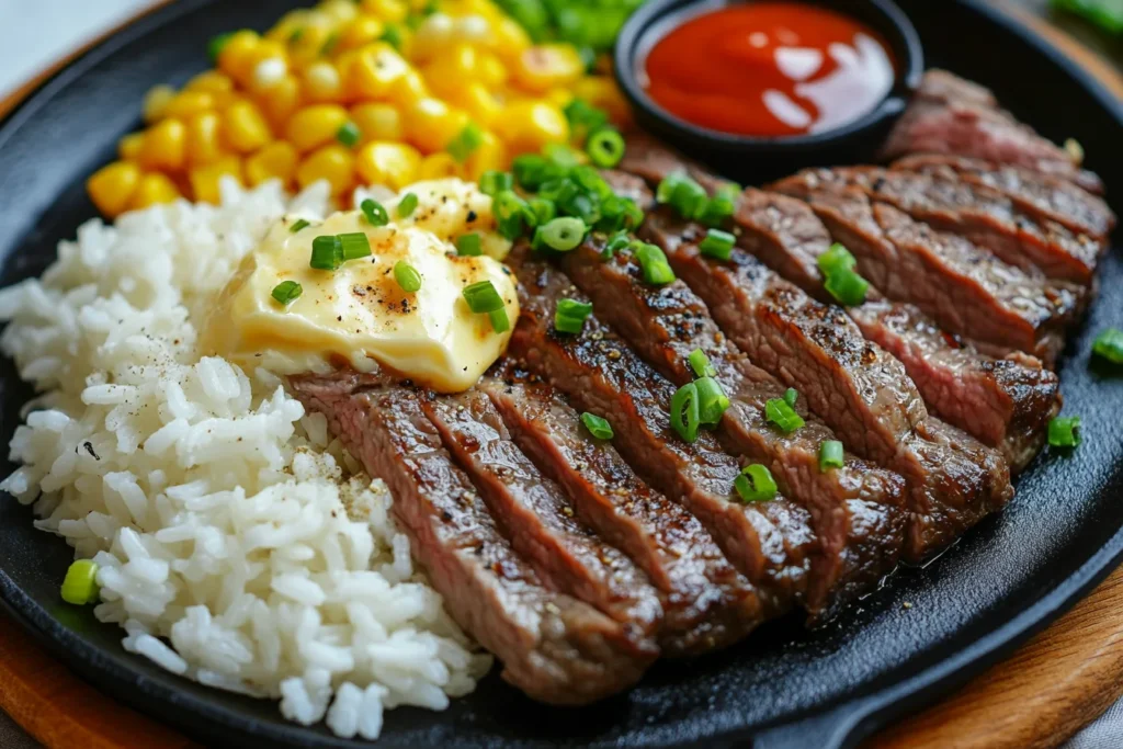 A sizzling cast-iron plate of pepper lunch recipe featuring seared beef, fluffy rice with butter, corn kernels, and green onions, served with sauces on the side