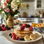 Breakfast table with fluffy pancakes, golden waffles, and a colorful smoothie bowl in a cozy morning kitchen