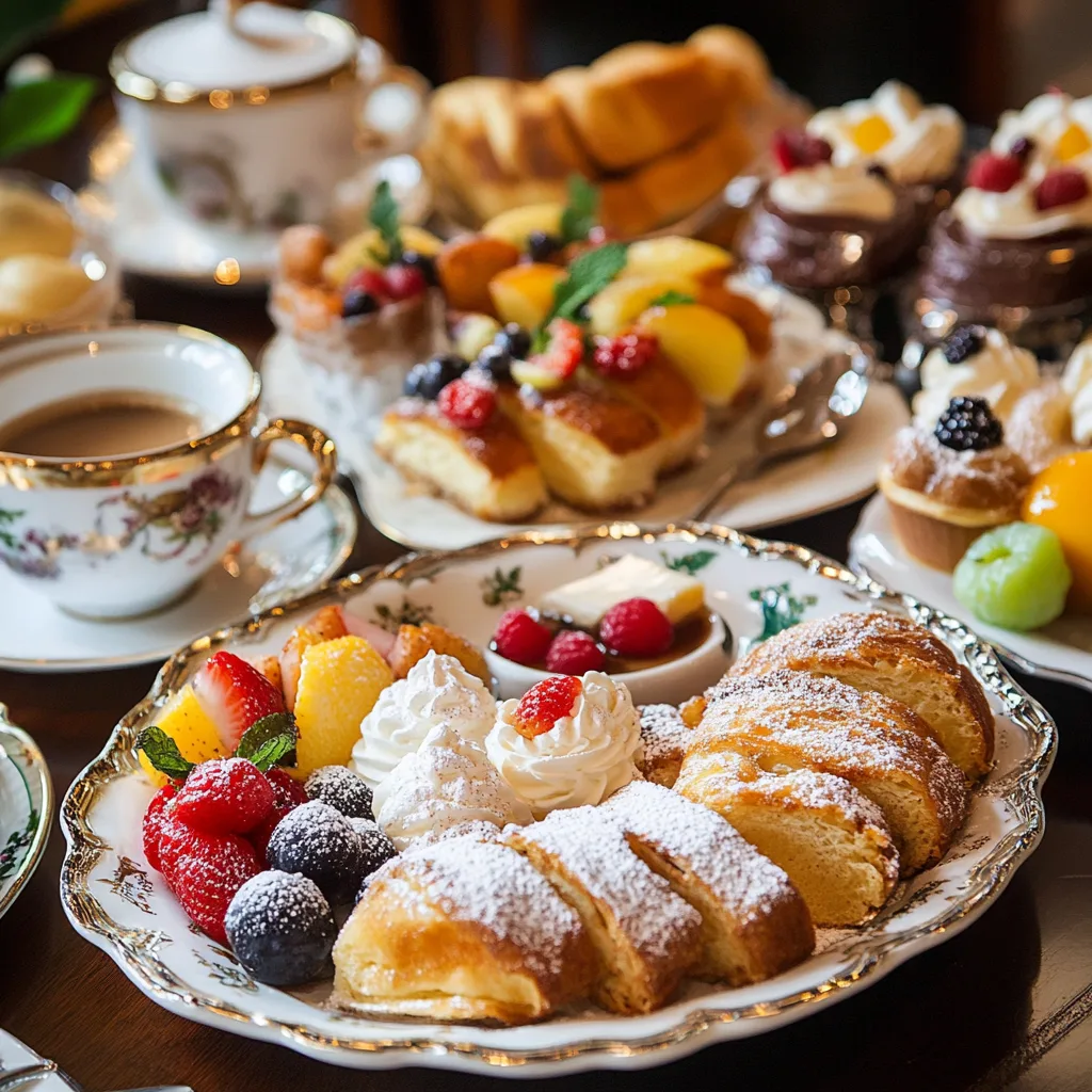 International sweet breakfasts including French toast, Danish pastries, and cannoli served in an elegant café setting