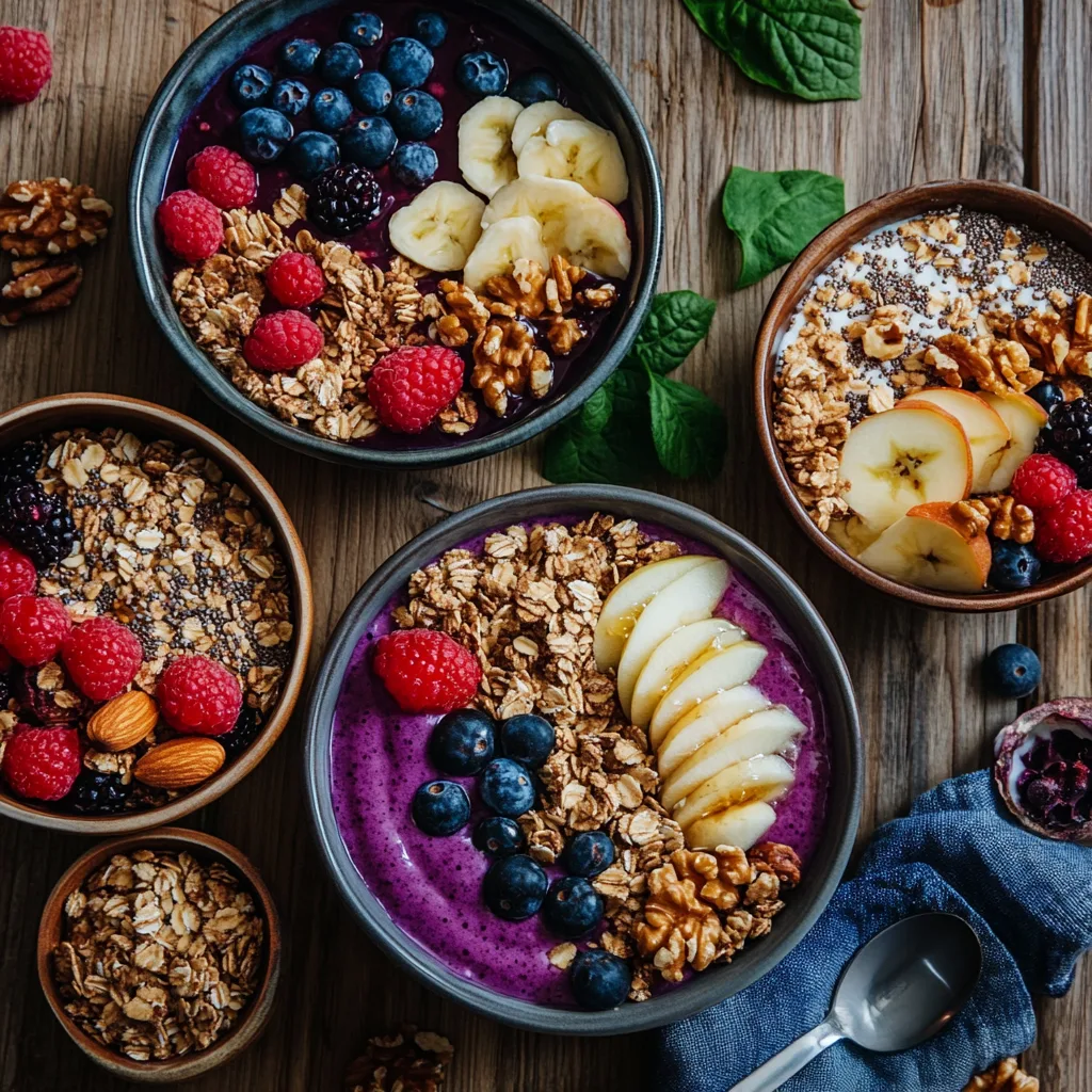 Healthy breakfast spread with an acai smoothie bowl, cinnamon apple oatmeal, and a honey nut yogurt parfait on a rustic table